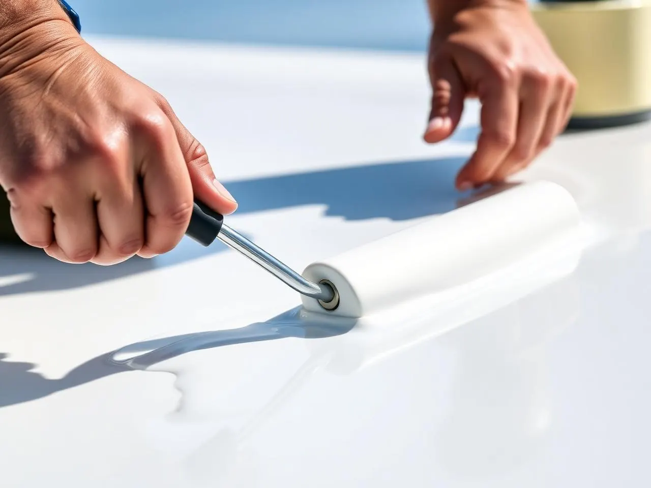 Silicone coating being rolled onto a flat roof by Elite Construction