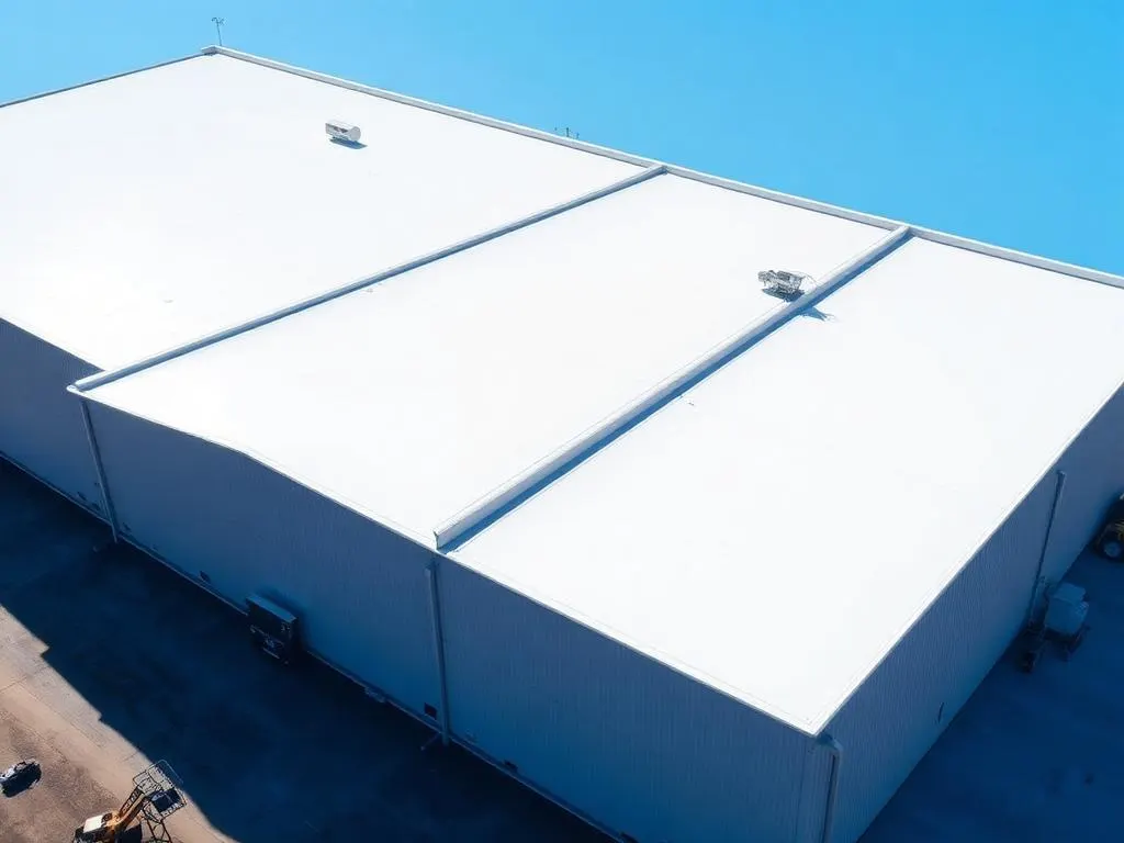 Commercial metal roof restored with a silicone coating by Elite Construction